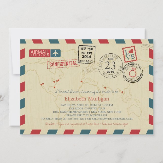 Invitación World Traveller Airmail | Ducha nupcial de Nueva Y (Anverso)