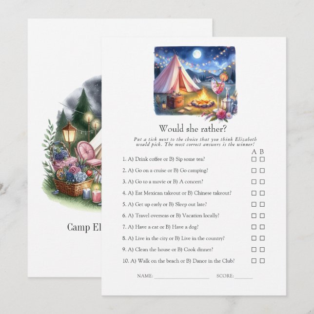 Invitación Would She Rather Camp Bachelorette Weekend Game (Anverso / Reverso)