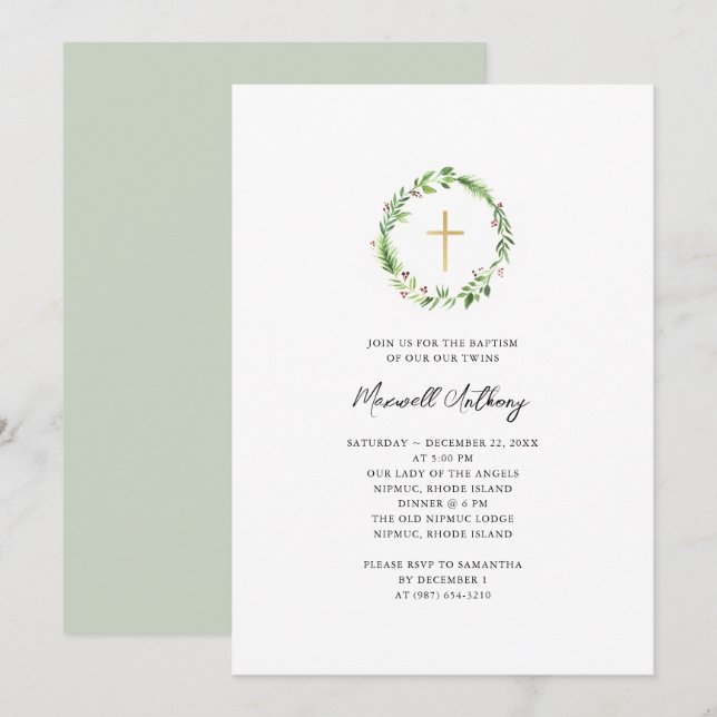 Invitación Wreath acuarela y bautismo cruzado de oro (Anverso / Reverso)