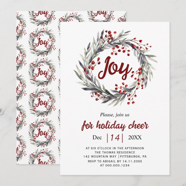Invitación Wreath, bayas rojas y deja fiesta a los Navidades  (Anverso / Reverso)