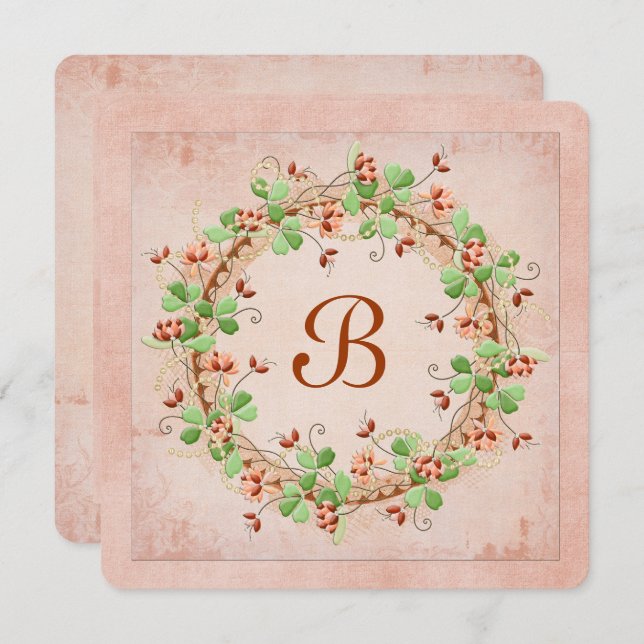Invitación Wreath boda con monograma (Anverso / Reverso)