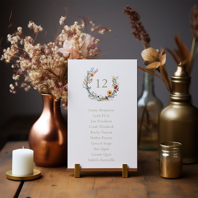 Invitación Wreath Boda de Flores silvestres (Exquisite Wildflowers Wedding Wreath Table Number Chart.)