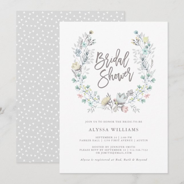 Invitación Wreath Botánica Floral de acuarela | Ducha de novi (Anverso / Reverso)