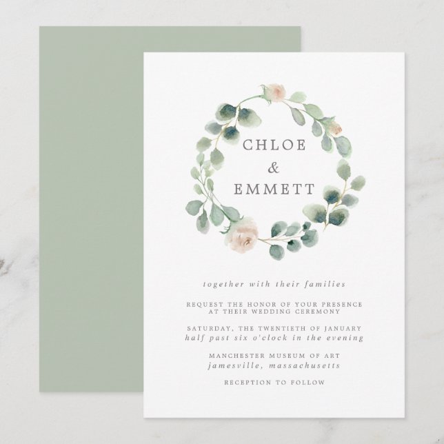 Invitación Wreath Botánica Verde Sabio, Boda Floral Blanco (Anverso / Reverso)