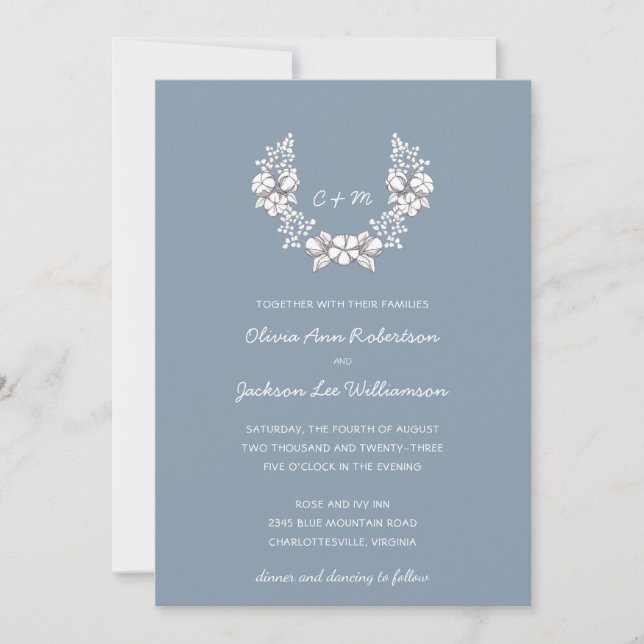 Invitación Wreath botánico | Boda Floral Azul Dusty (Anverso)