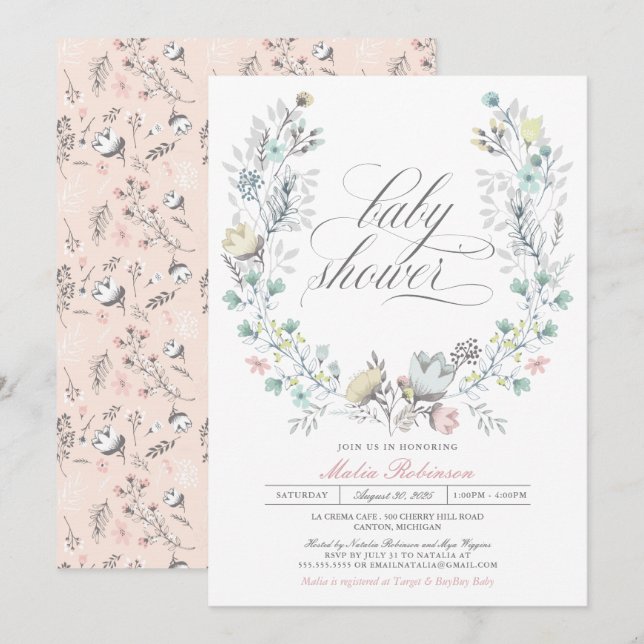 Invitación Wreath botánico | Género Neutral | Baby Shower (Anverso / Reverso)