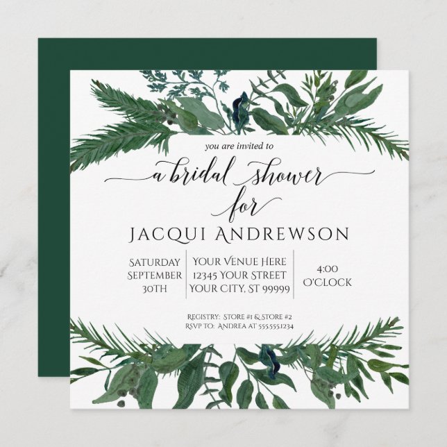 Invitación Wreath Bridal Foliage Forest Shower | Cuadrada (Anverso / Reverso)