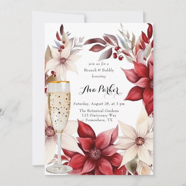 Invitación Wreath Brunch & Bubbly de poinsettia roja y blanca (Anverso)