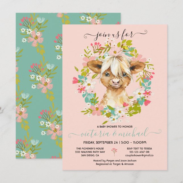 Invitación Wreath de Baby Shower de vaca Highland (Anverso / Reverso)