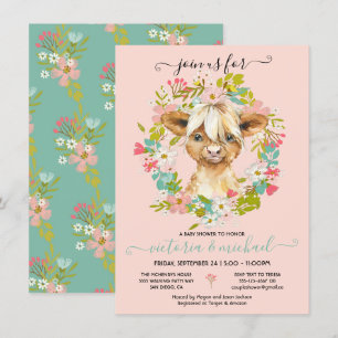 Invitación Wreath de Baby Shower de vaca Highland