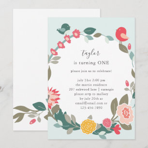 Invitación Wreath de bonito y fiesta de cumpleaños de pájaros