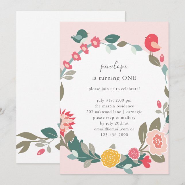 Invitación Wreath de bonito y fiesta de cumpleaños de pájaros (Anverso / Reverso)