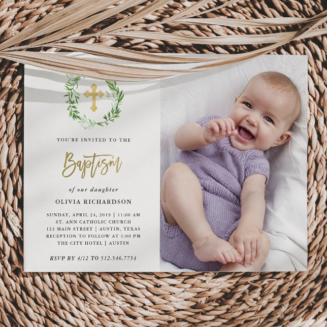 Invitación Wreath de hojas botánicas verdes | Baptismo fotogr (Subido por el creador)