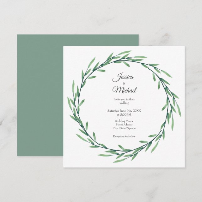 Invitación Wreath de hojas de color verde (Anverso / Reverso)