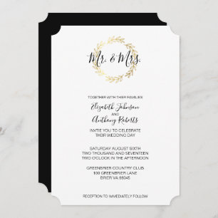 Invitación Wreath de hojas de oro y Boda de guiones en blanco
