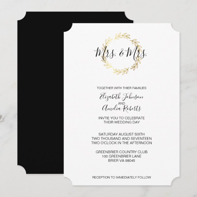 Invitación Wreath de hojas de oro y Boda de guiones en blanco (Anverso / Reverso)