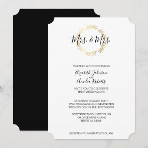 Invitación Wreath de hojas de oro y Boda de guiones en blanco