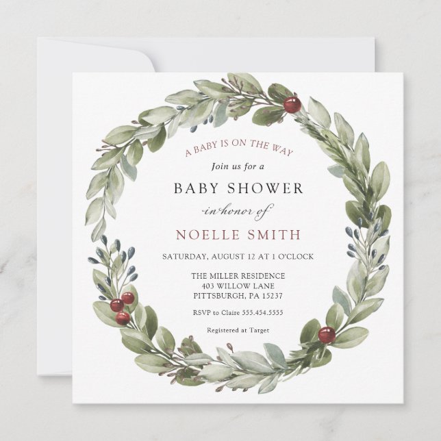 Invitación Wreath de invierno con el Baby Shower de Holly Ber (Anverso)