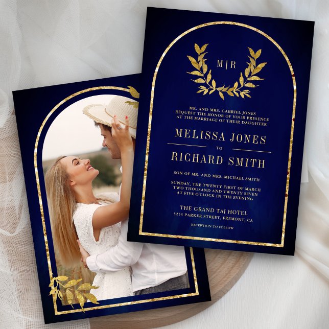 Invitación Wreath de Laurel de oro deja Boda azul real (Subido por el creador)
