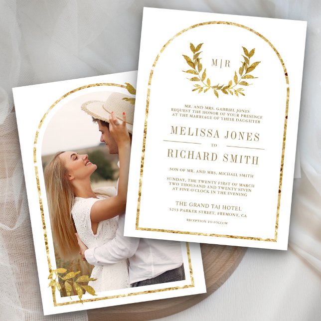 Invitación Wreath de Laurel de oro deja Boda blanco (Subido por el creador)