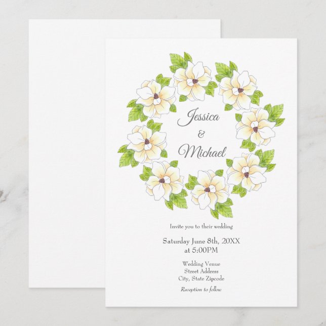 Invitación Wreath de Magnolia acuarela (Anverso / Reverso)
