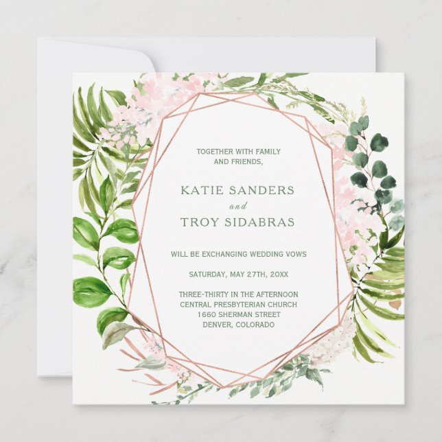 Invitación Wreath de vegetación tropical con flores rosadas (Anverso)