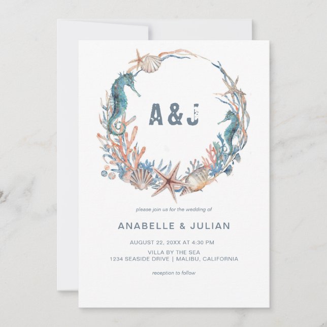 Invitación Wreath del mar | Boda del Monograma de Playa Rusti (Anverso)