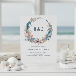 Invitación Wreath del mar | Boda del Monograma de Playa Rusti