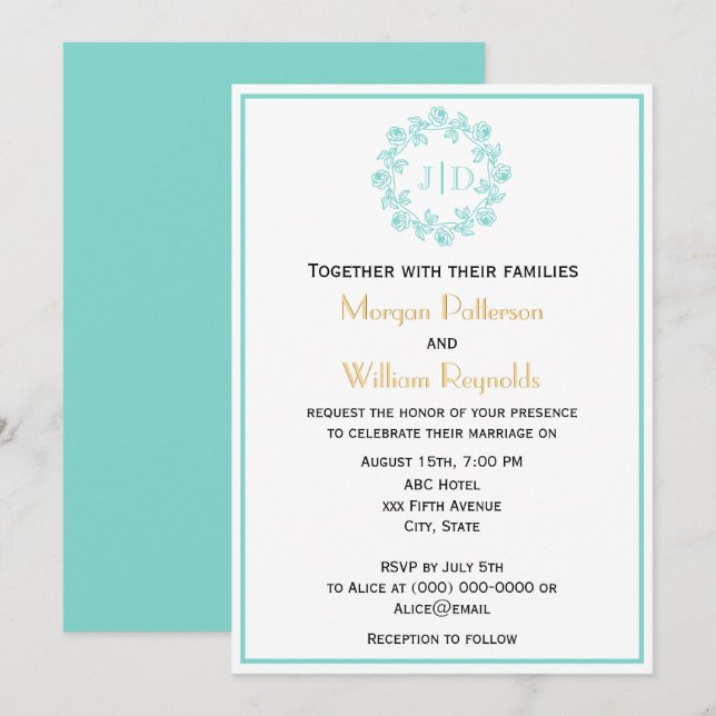 Invitación Wreath DIY Wreath de los Rosas 2 Monograma Boda in (Anverso / Reverso)