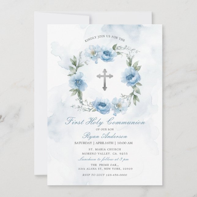 Invitación Wreath Dusty Blue First Holy Communición (Anverso)