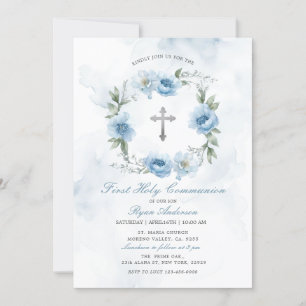 Invitación Wreath Dusty Blue First Holy Communición