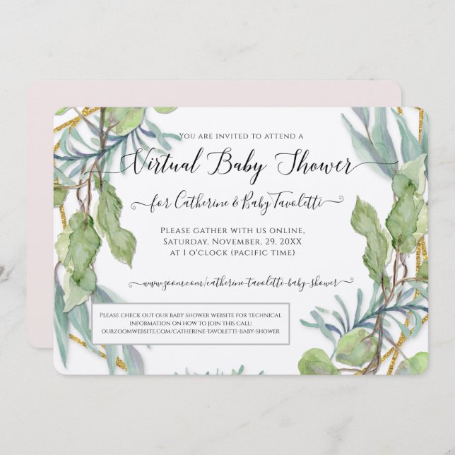 Invitación Wreath Eucalyptus Foliage Niña Virtual Beber Ducha (Anverso / Reverso)