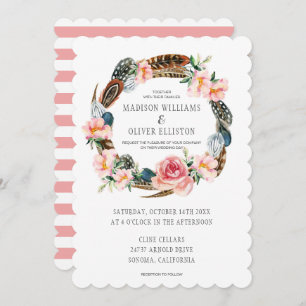 Invitación Wreath floral acuarela con plumas Boda