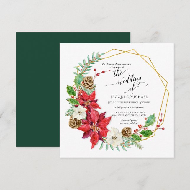 Invitación Wreath floral acuarela de invierno | Cuadrada (Anverso / Reverso)