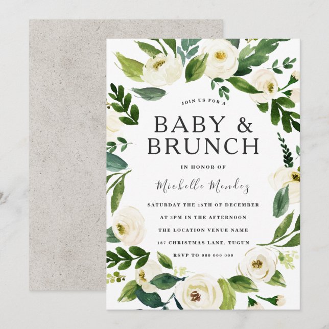 Invitación Wreath Floral blanca Baby Shower Brunch (Anverso / Reverso)