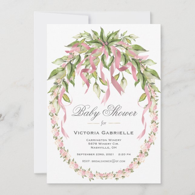 Invitación Wreath floral de cintas rosadas Elegante Baby Show (Anverso)
