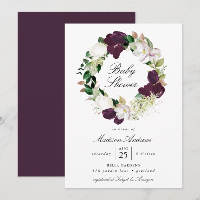 Invitación Wreath floral de ciruelas oscuras | BABY SHOWER (Anverso / Reverso)