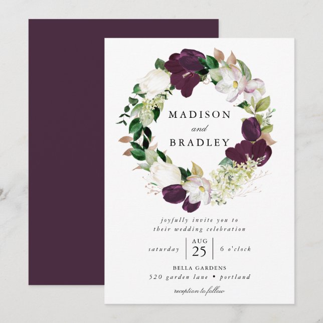 Invitación Wreath floral de ciruelas oscuras | BODA (Anverso / Reverso)