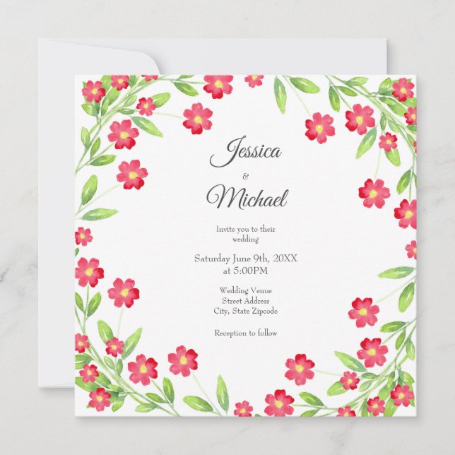 Invitación Wreath floral de color rojo (Anverso)