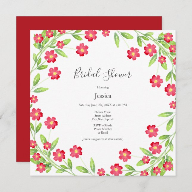 Invitación Wreath floral de color rojo (Anverso / Reverso)