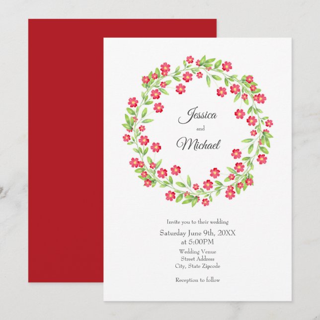 Invitación Wreath floral de color rojo (Anverso / Reverso)