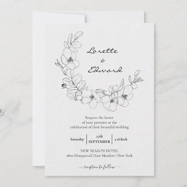 Invitación Wreath floral de esbozo de lápiz | BODA MINIMALIST (Anverso)
