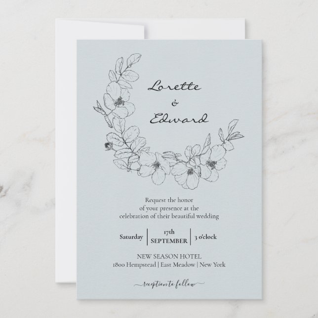 Invitación Wreath floral de esbozo de lápiz | BODA MINIMALIST (Anverso)