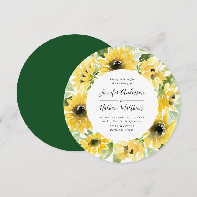 Invitación Wreath floral de girasol acuarela | BODA (Anverso / Reverso)