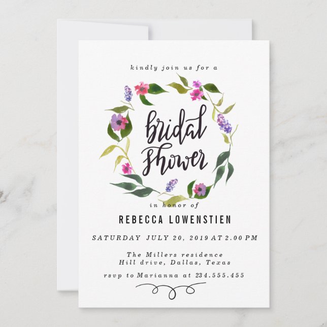 Invitación Wreath floral manuscrita de ducha de novia (Anverso)