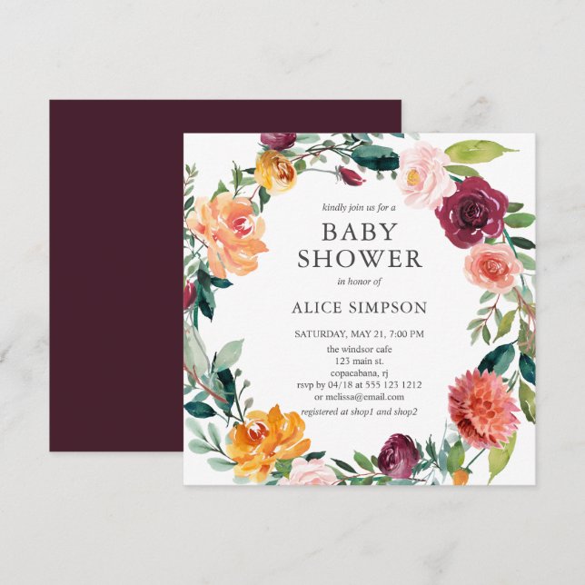 Invitación Wreath floral rosa de Baby Shower Burgundy Rubor (Anverso / Reverso)