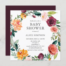 Invitación Wreath floral rosa de Baby Shower Burgundy Rubor