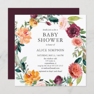 Invitación Wreath floral rosa de Baby Shower Burgundy Rubor