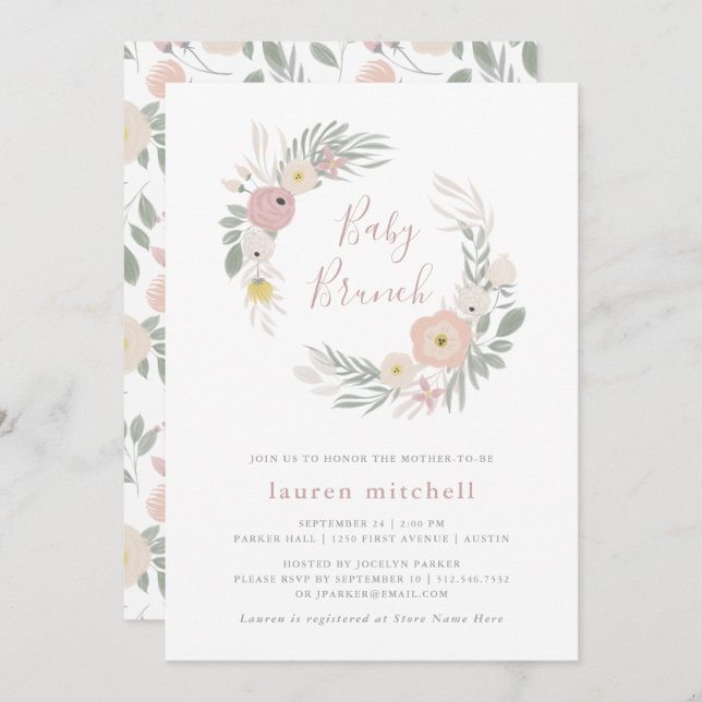 Invitación Wreath floral rosa de bonito | Baby Brunch (Anverso / Reverso)