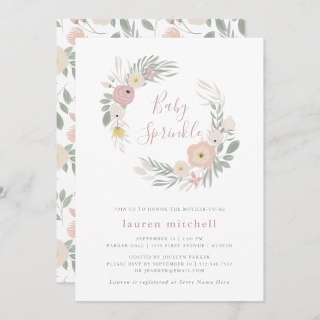 Invitación Wreath floral rosa de bonito | Bebé Sprinkle (Anverso / Reverso)